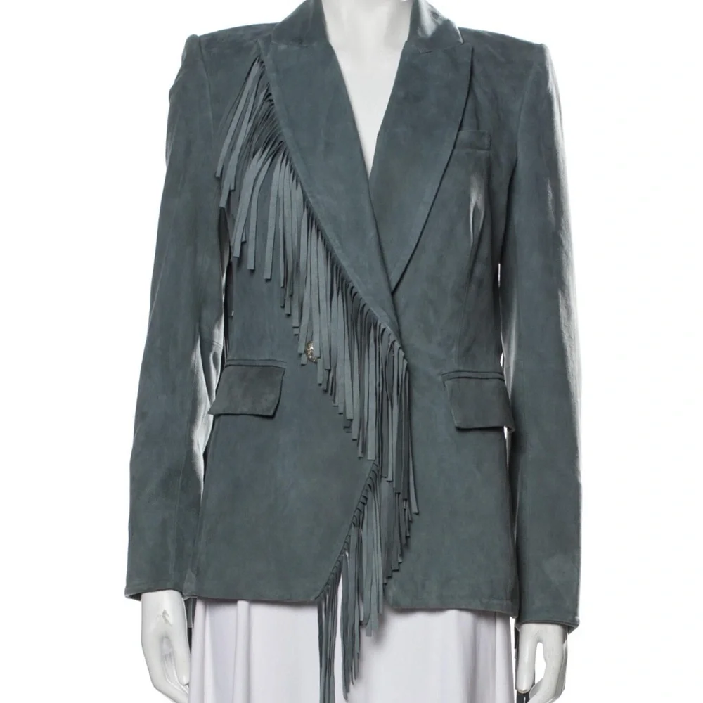 SOLD Veronica Beard XS Leather Suede Fringe Dickey Jacket Blazer Coat Green Grey - Picture 6 of 14